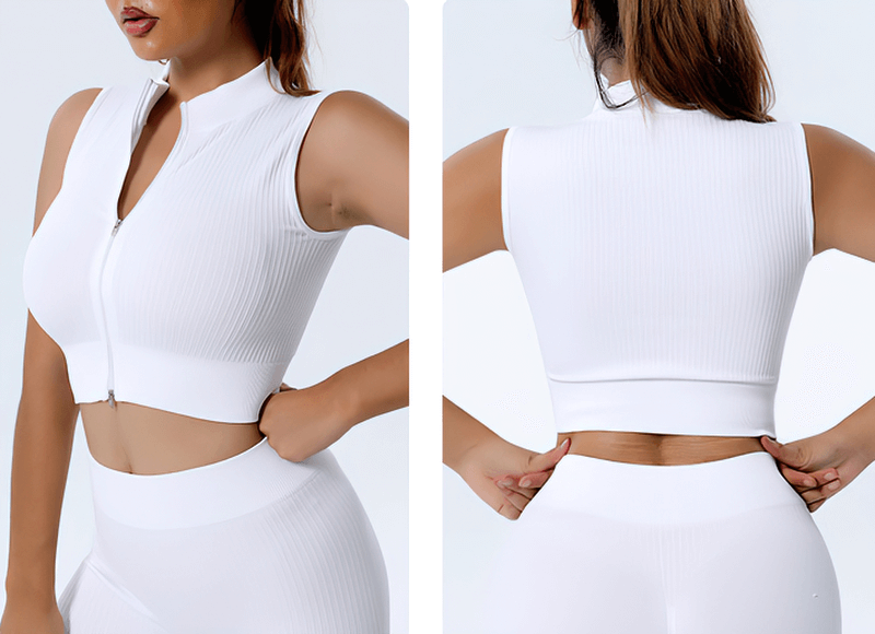 Elegant white sleeveless seamless yoga top with zipper, perfect for women’s activewear. Lightweight, breathable workout apparel.